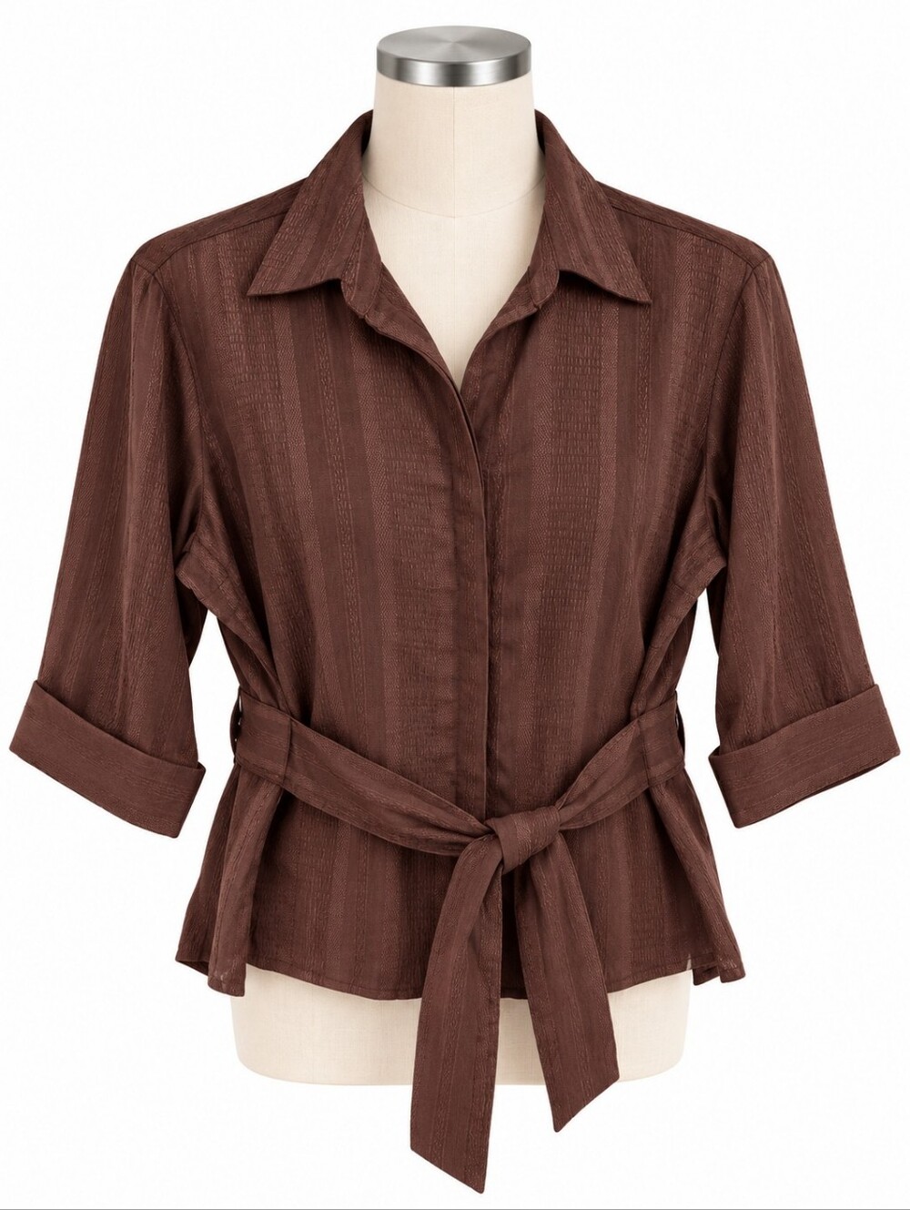 Coldwater Creek Cotton Top NWT L Brown Tie Waist Button Up Blouse 3/4 Sleeve
